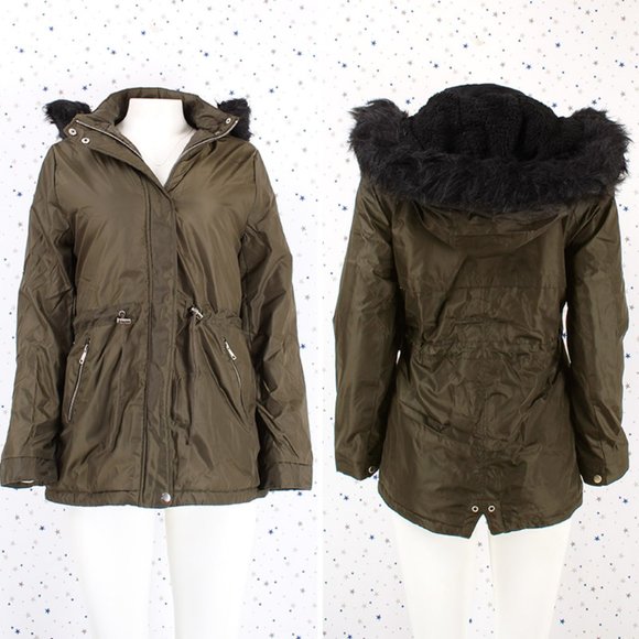 Olive Fur lined Hood Anorak Parka Padded Jacket - Picture 1 of 13